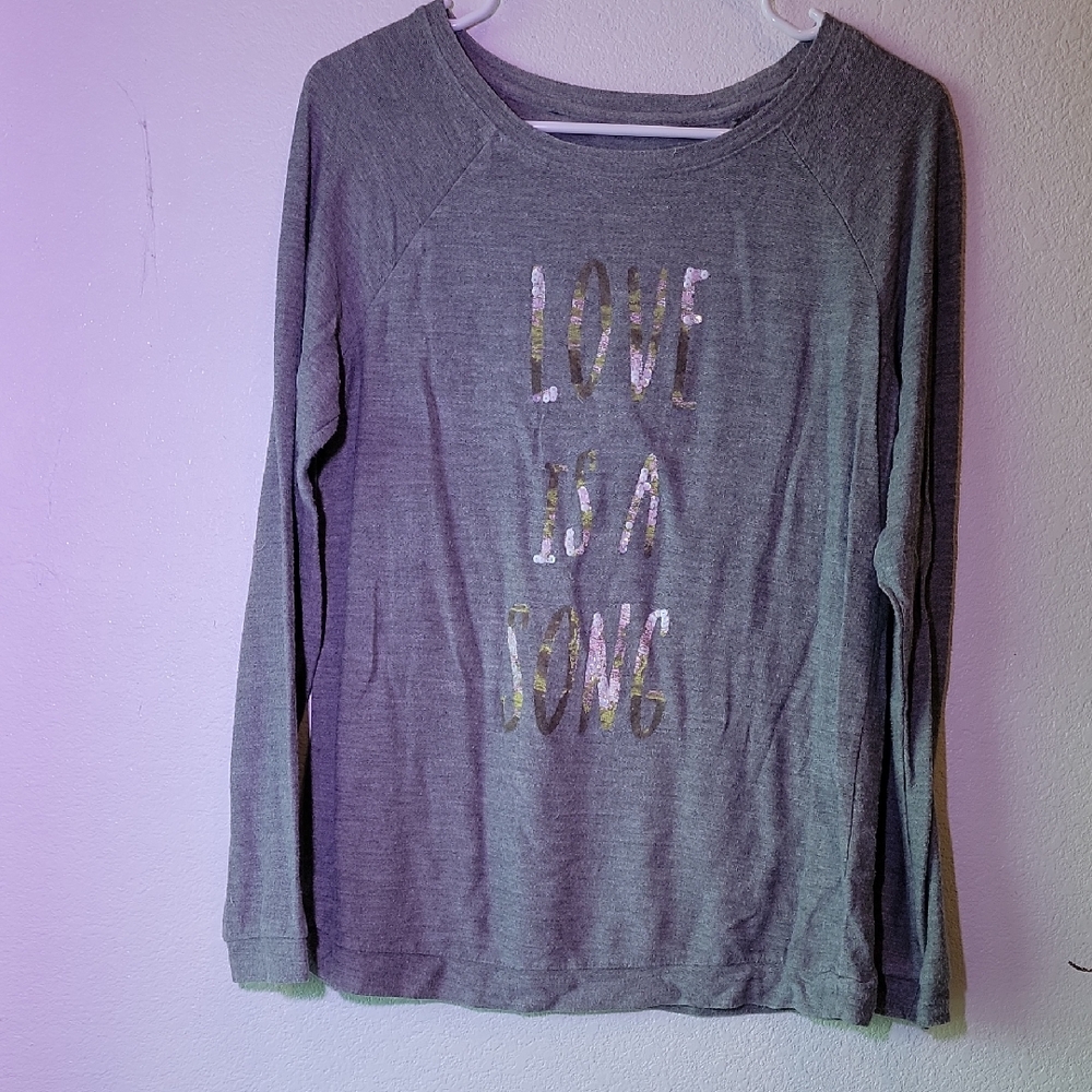 Gray Long Sleeve Shirt with Love Is A Song Print